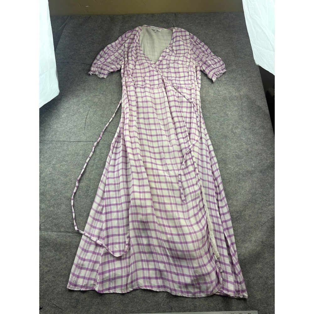 Lily and Lionel x Anthropologie Purple Plaid Wrap Maxi Dress Size 12 Boho Puff